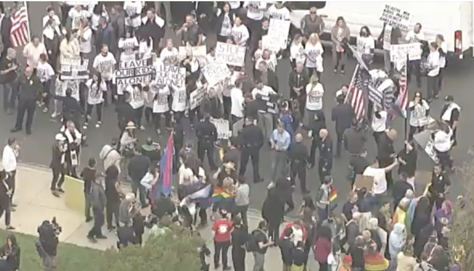 Pride Activists Clash with Parents Protesting LGBT Indoctrination Outside Elementary School